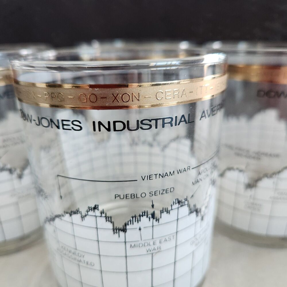 Vintage CERA Glassware w/ Gold Rim Dow Jones Industrial Average 1960-84 Set of 4 - Picture 2 of 7